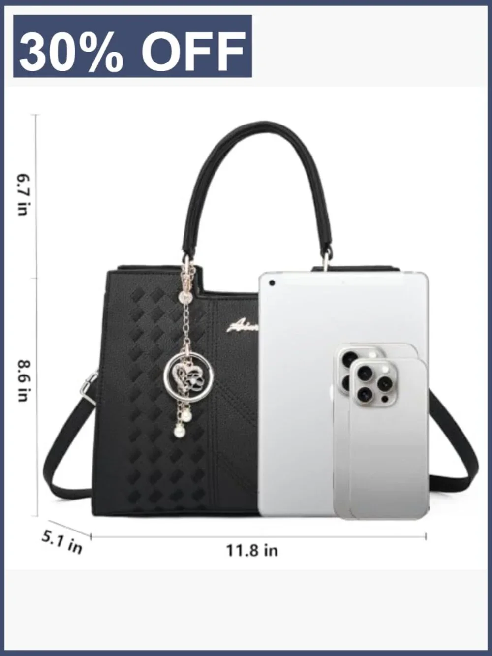 Vegan Leather Satchel Purse w/ Pearl Charm Tote Crossbody Bag